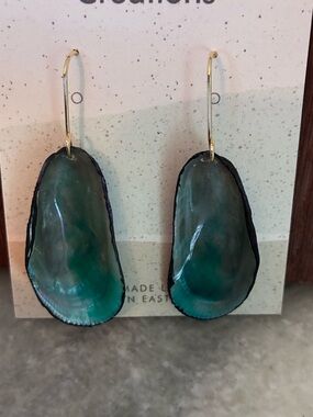 Artisan hand made mussel shell earrings, Teal Shell Drop, gold hardware